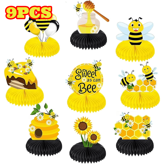 9pcs Bee Party Decorations Set, Bumble Honeycomb Centerpieces Decorations for Birthday Party Decor