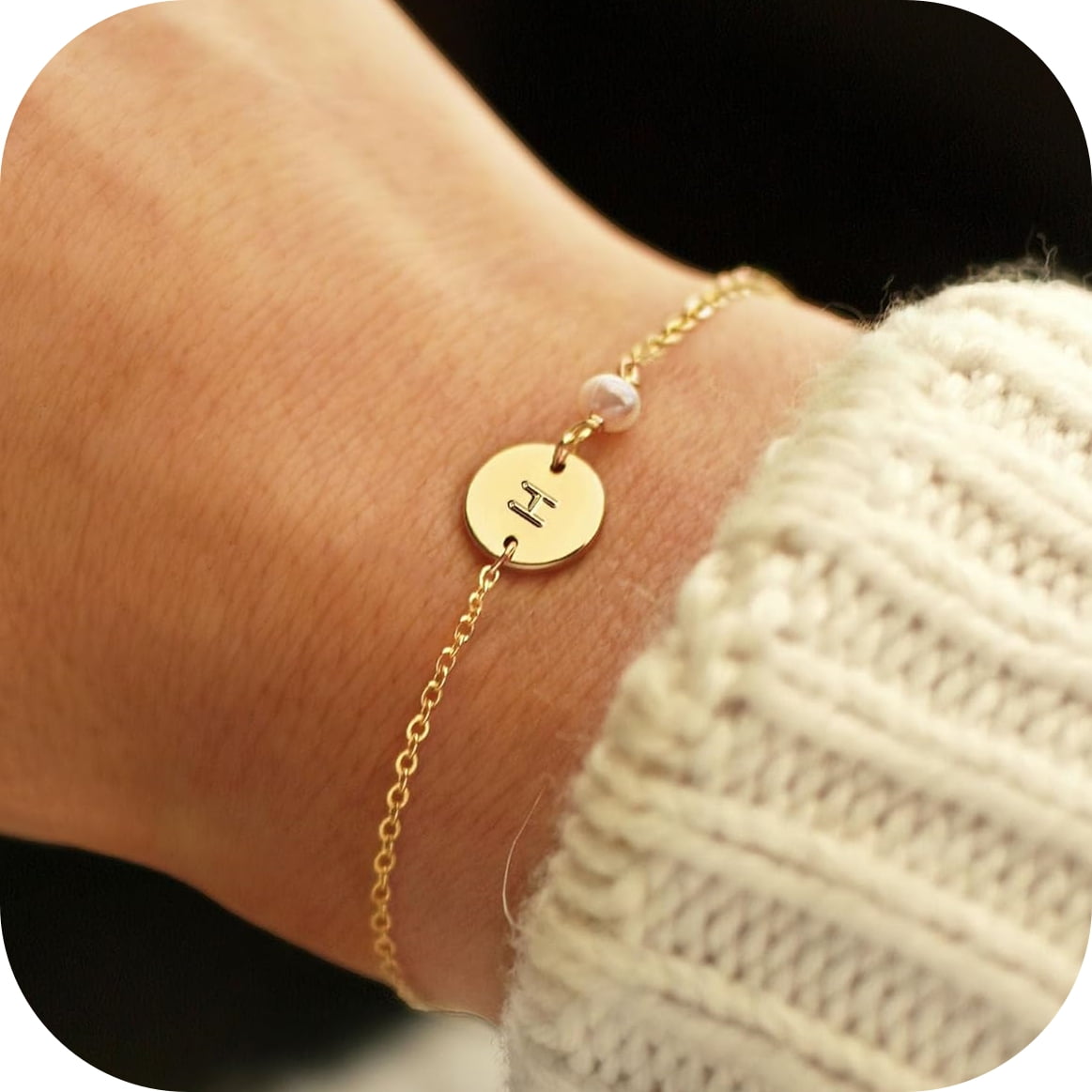 Turandoss 14K Gold Plated Dainty Charm Disc Pearl Initial Link Bracelet for Women Girls Letter A-Z Waterproof Jewelry Personalized Birthday Gift for Women Girls