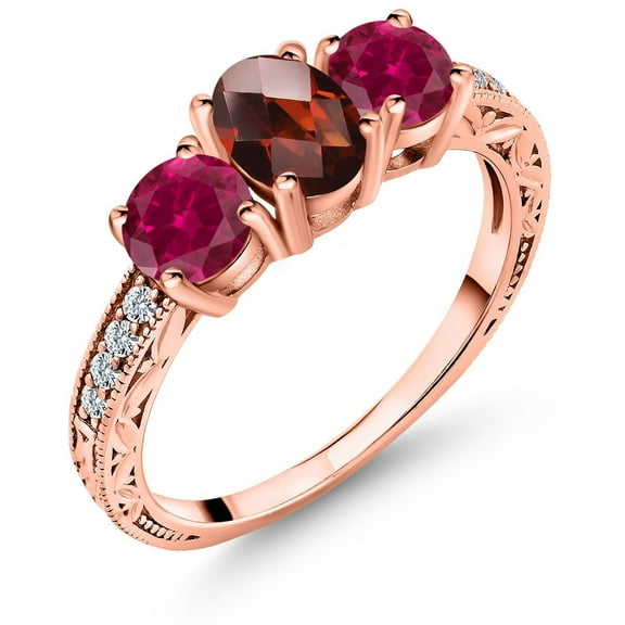 Gem Stone King 2.12 Ct Oval Checkerboard Red Garnet Red Created Ruby 18K Rose Gold Plated Silver Ring (Size 9)