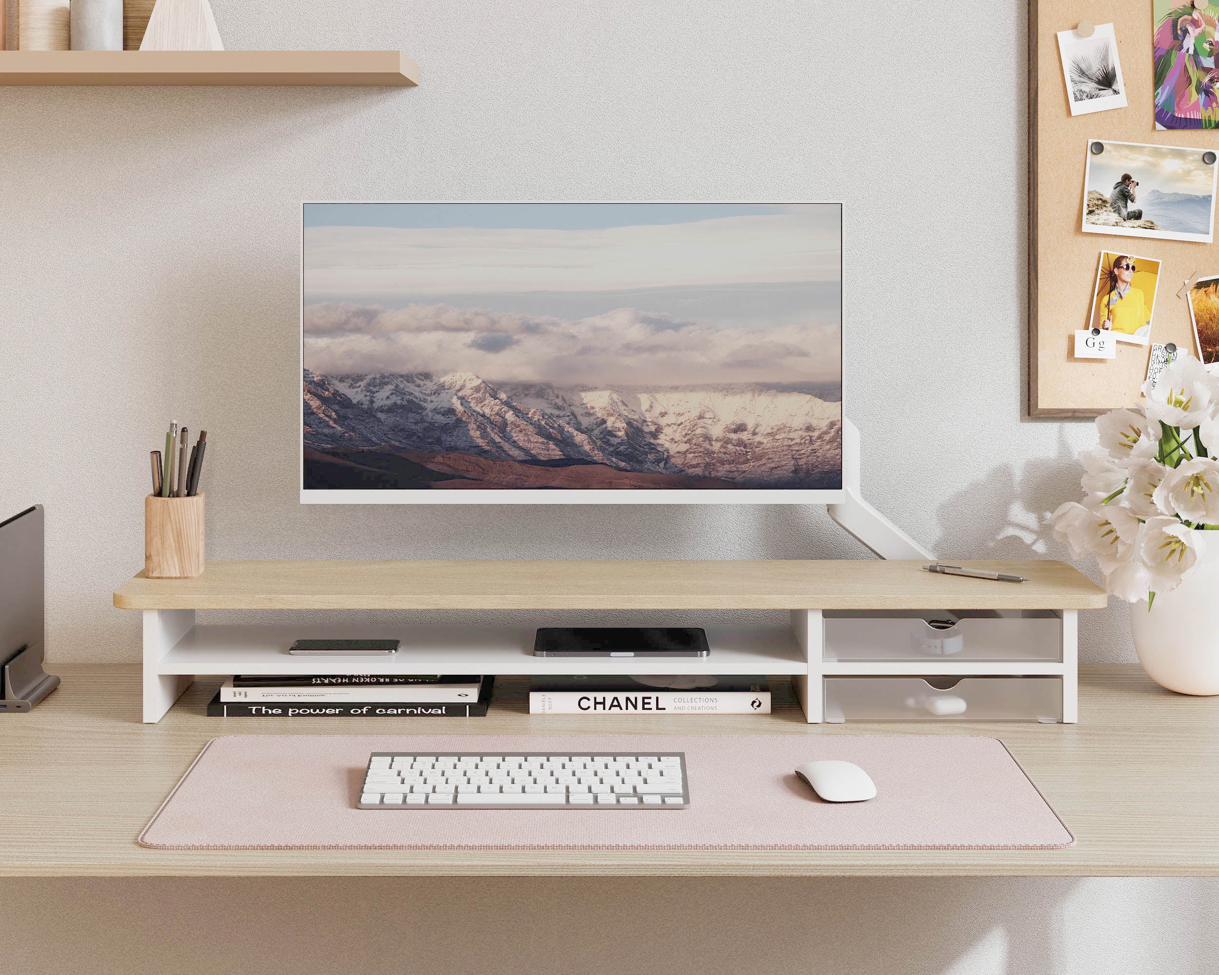 Fenge 42.5 in Dual Monitor Riser with Drawer, 2 Tier Wood and Acrylic Desk Organizer
