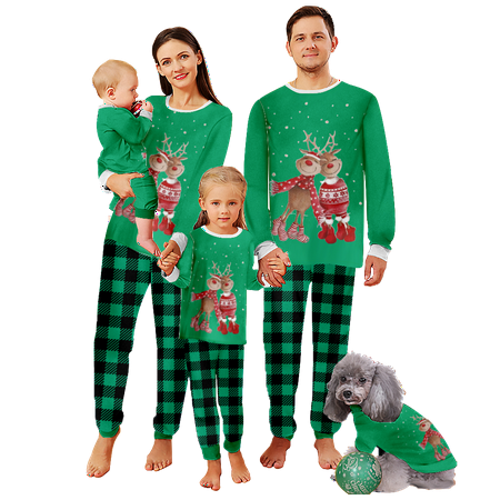 

FUNIER Family Matching Christmas Pajamas Set Reindeer Green Buffalo Plaid Print Sizes for Adult-Kids-Baby-Pet 2 Pieces Top and Pants Bodysuits Xmas PJS Sleepwear