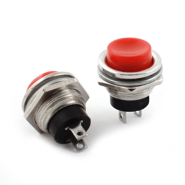 2Pcs Interruptor de botón momentáneo SPST negro con rosca de 16 mm y tapa roja, AC125V 3A