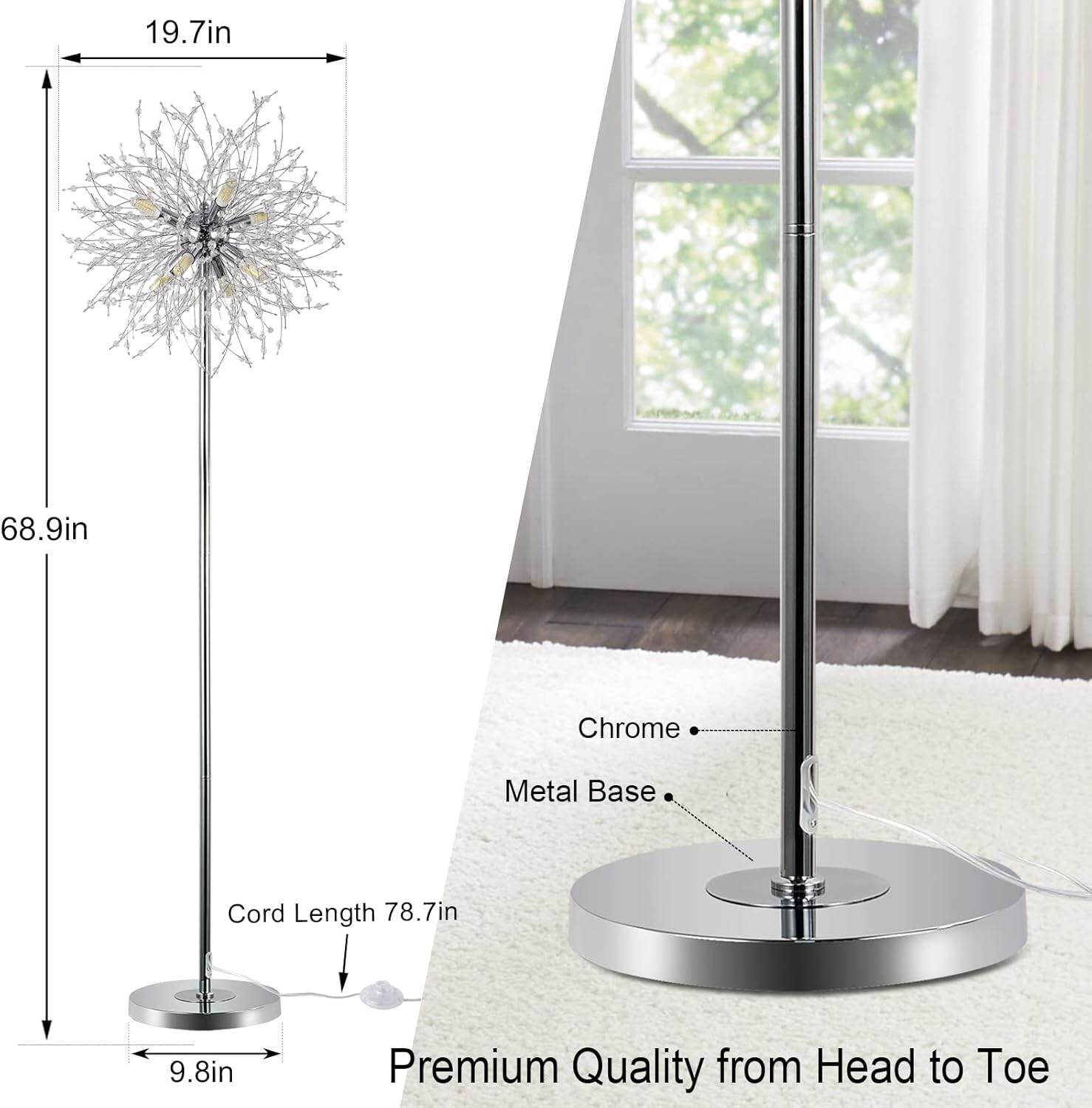 Table Lamp Crystal Floor Lamp for Bedroom, Floor Lamp for Living Room, Elegant Standing Lamp, 69" Tall Pole Lamp, Modern Floor Lamp for Room Decor, 32 Firework Crystal Harnesses Included, Fini