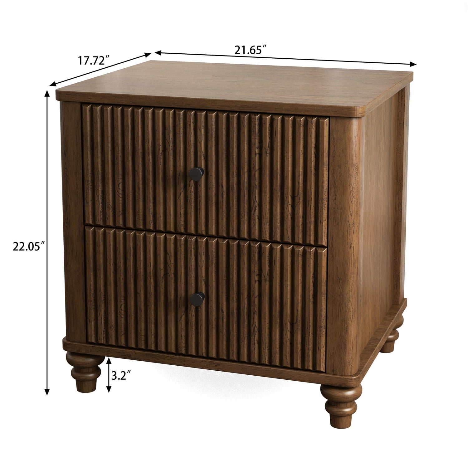 Hommoo Mid Century Modern Wooden Fluted Nightstand Set of 2, 21.65" Wide Bedside End Table Side Table with 3 Drawers and Metal Handle, for Bedroom, Living Room, Closet, Walnut