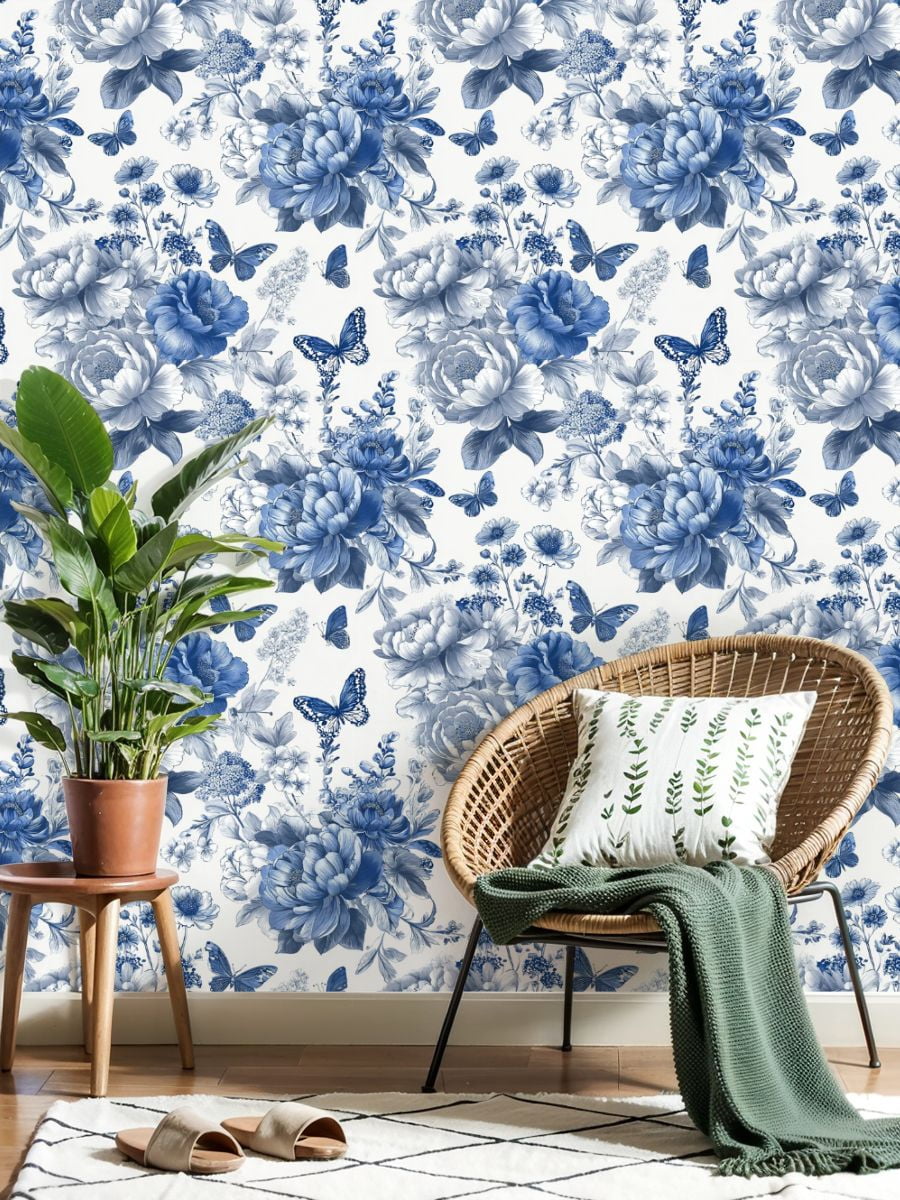 Vintage Peel and Stick Wallpaper 23.6in x 9.8ft Blue Floral Butterflies Hand Drawn Style Contact Paper Vinyl Self-Adhesive Removable Wall Paper for Bedroom Kitchen Cabinet Décor Renter Friendly