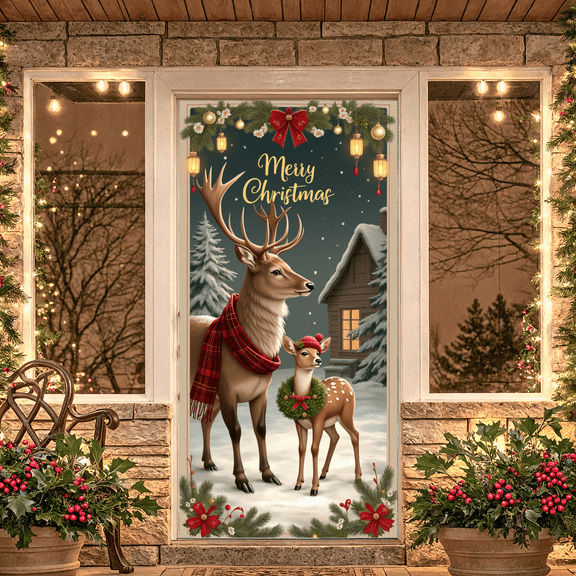 Plaid Pattern Christmas Banner Reindeer Welcome Banner Polyester Material Holiday Decoration for Outdoor Indoor Party