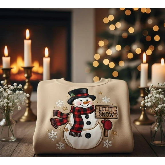 Let It Snow Embroidered Snowman Sweatshirt, Cozy Winter Christmas Sweater, Festive Plaid Scarf Holiday Pullover, Cute Seasonal Gift