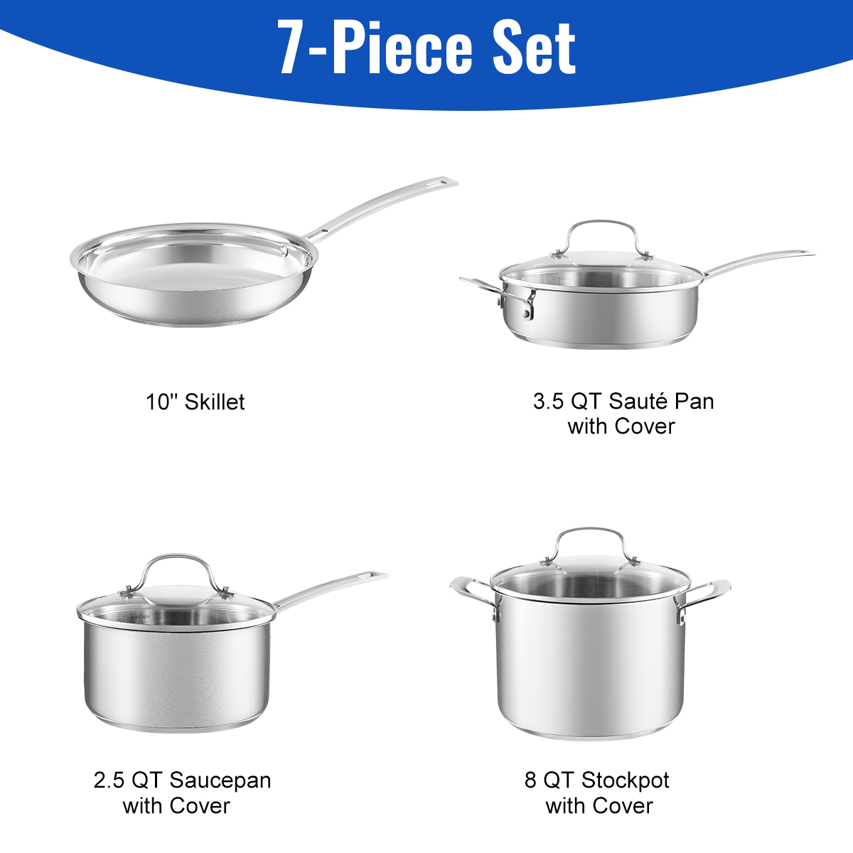 Stainless Steel Cookware Set, 4-Piece Kitchen Pots and Pans Set with Glass Lids, Durable Induction Compatible Cooking Essentials