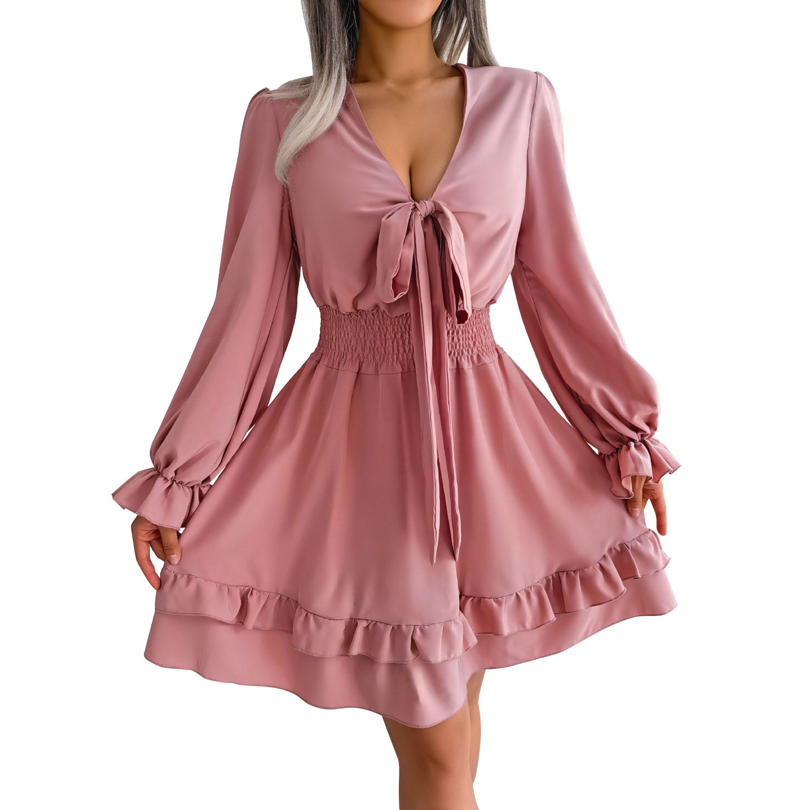 Womens Dresses Summer Beach Wrap V Neck Bodycon Mini Dress Puff Long Sleeve Ruched Asymmetrical