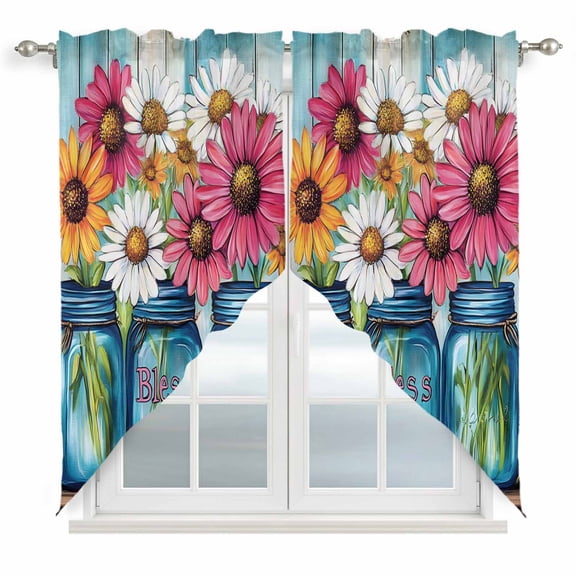 Swag Curtains Valances for Windows, Home Floral Vase Short Kitchen Window Curtains Over Sink, Vintage Blue Wood Textured Cafe Curtains Panel Set Of 2,Rod Pocket, 63 Inches Length