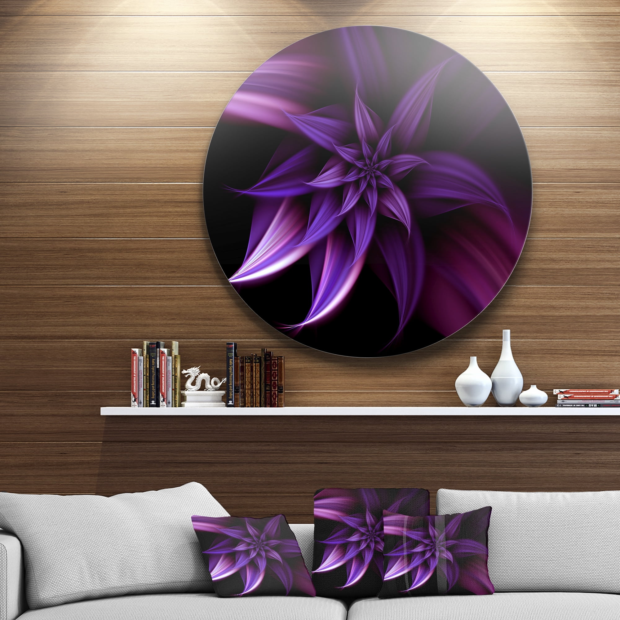 Designart Fractal Flower Purple' Floral Circle Metal Wall Art