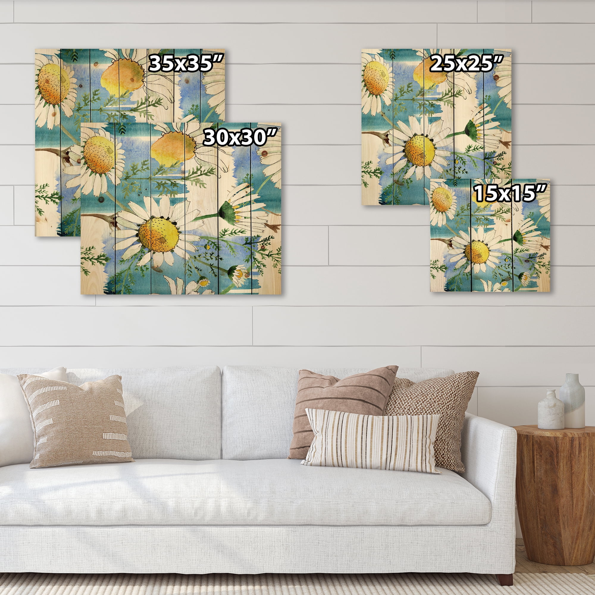 Designart 'Wild Spring White Chamomile Flowers' Traditional Print on Natural Pine Wood