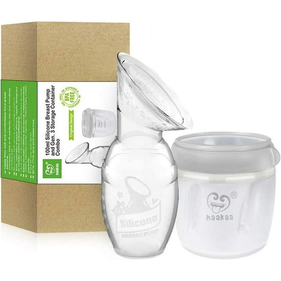 Haakaa Manual Breast Pump with Storage Milk Bottle for Breastfeeding 100% Food Grade Silicone BPA PVC and Phthalate Free (4oz/100ml Pump + 160ml Storage Milk Bottle)