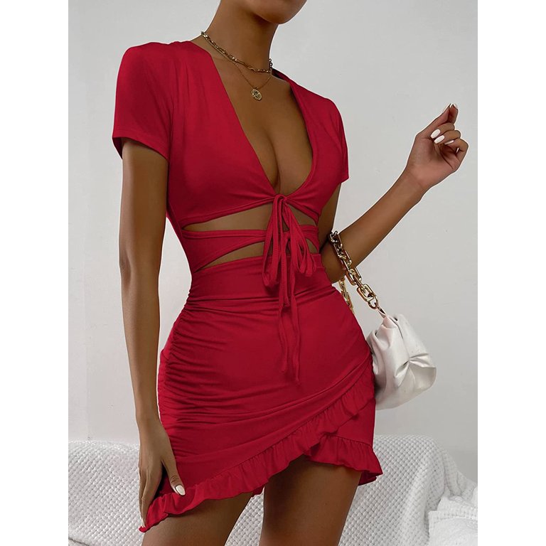 SheIn Women's Cut Out Ruffle Ruched Bodycon Mini Dress Short Sleeve Tie  Front Wrap Short Dresses 