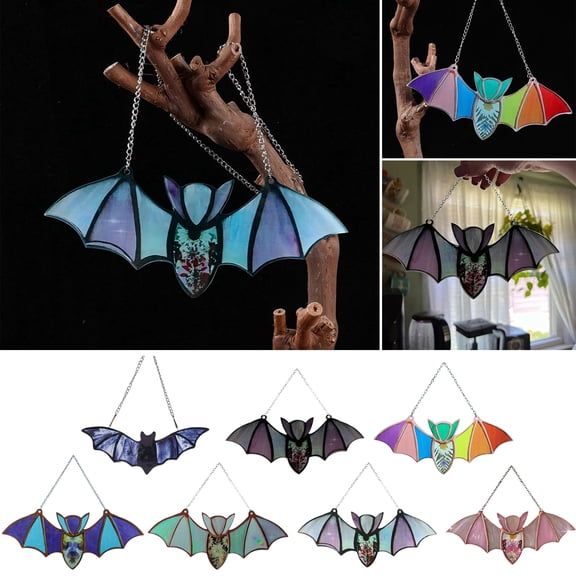 sunsanly Halloween Hanging Glass Suncatcher Decoration Acrylic 2D Bat Ornament Gothic Car Rearview Mirror Decor for Home Window Wall Car