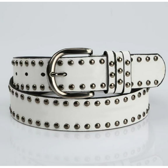 Zhuge Women's Leather Belt with Rivets & Silver Buckle, Stylish Studded Belt Perfect for Jeans, Pants & Dresses, White