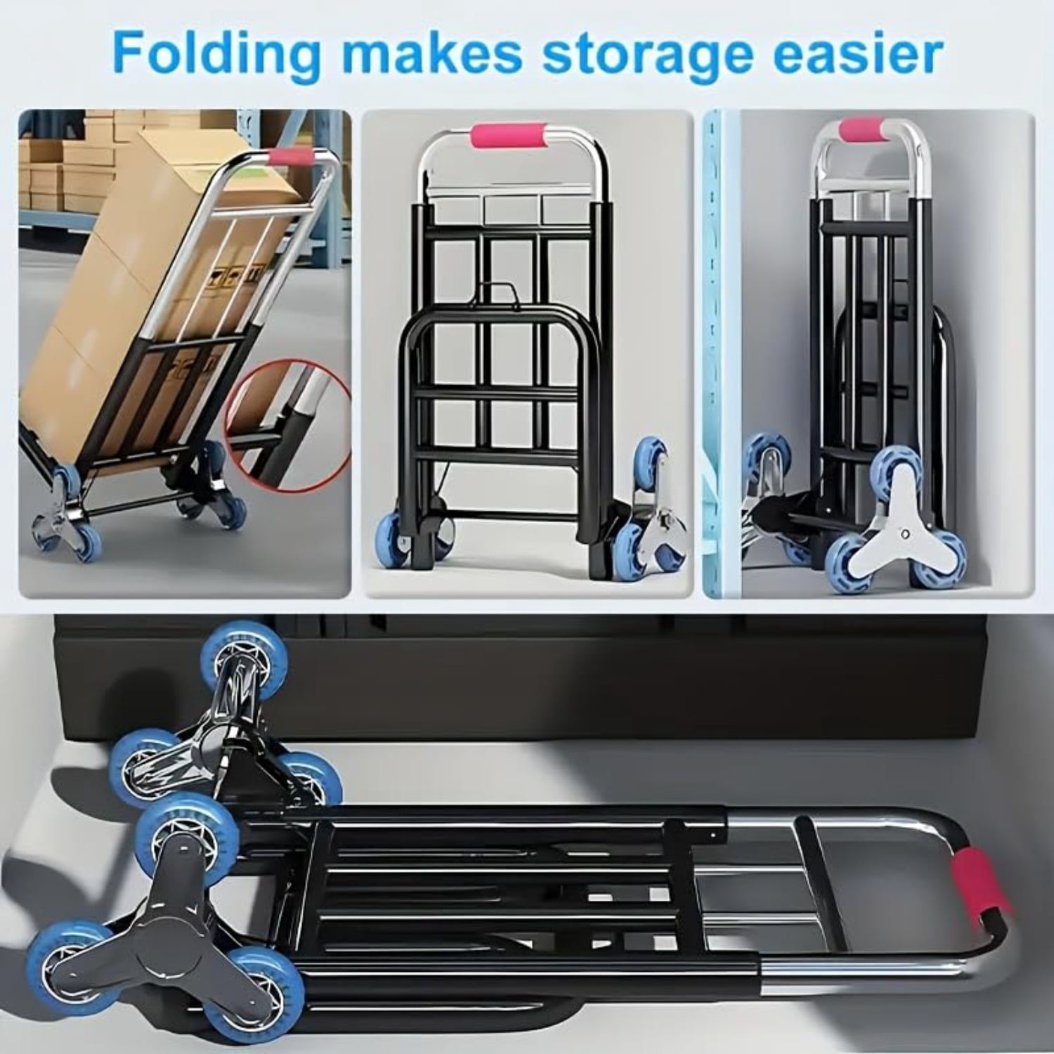Heavy Duty Folding Hand Truck with Stair Climbing Wheels, 330 lbs Capacity, Portable Dolly Cart with All-Terrain Tires & 3 Tie-Down Straps for Moving, Luggage, Shopping, Office