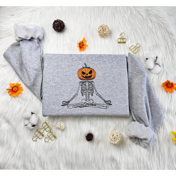 Meditation Pumpkin Skeleton Embroidered Sweatshirt