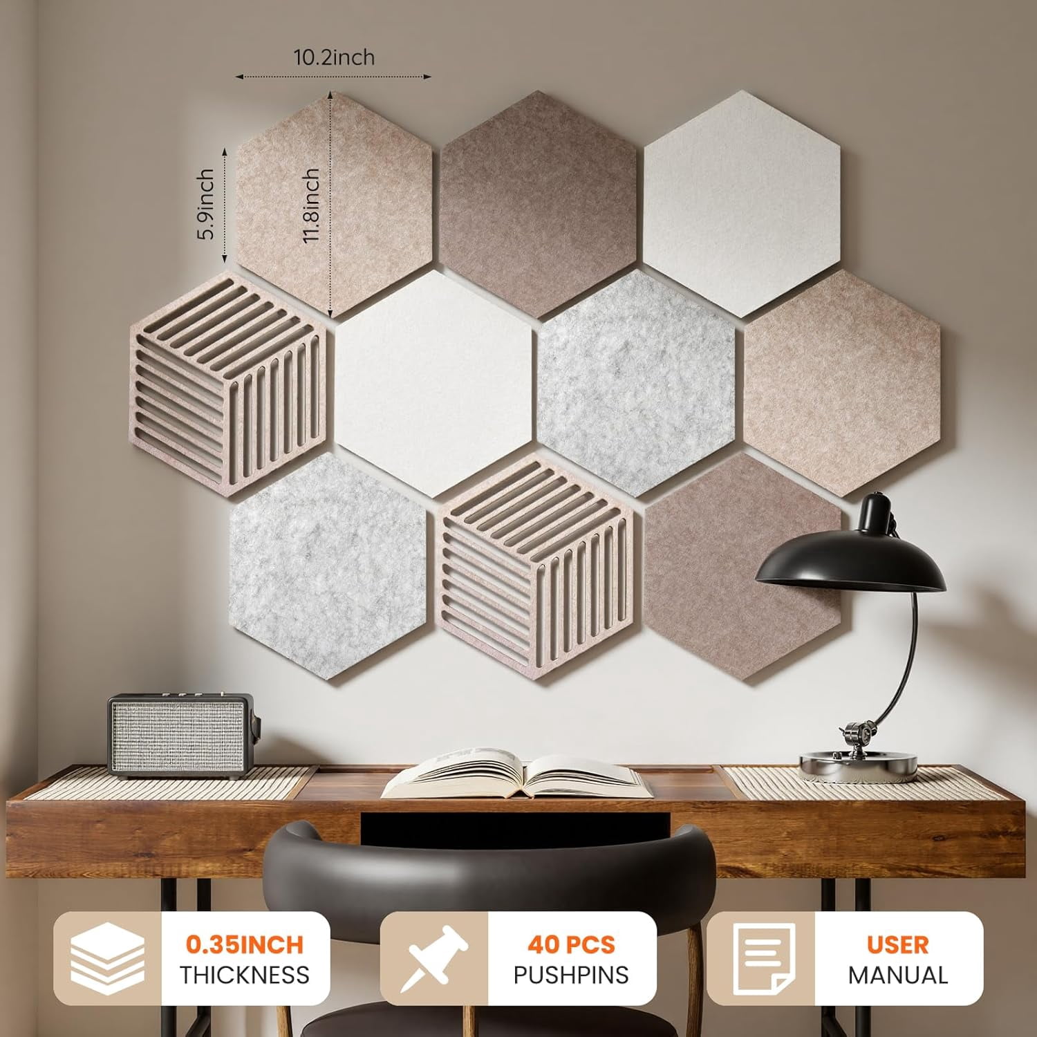 10 Pack Hexagon Cork Board, 12" x 10" Self-Adhesive Felt Bulletin Board Tiles with 40 Pushpins, Pin Boards for Wall Decor Home Office School DIY Display Boards for Photos
