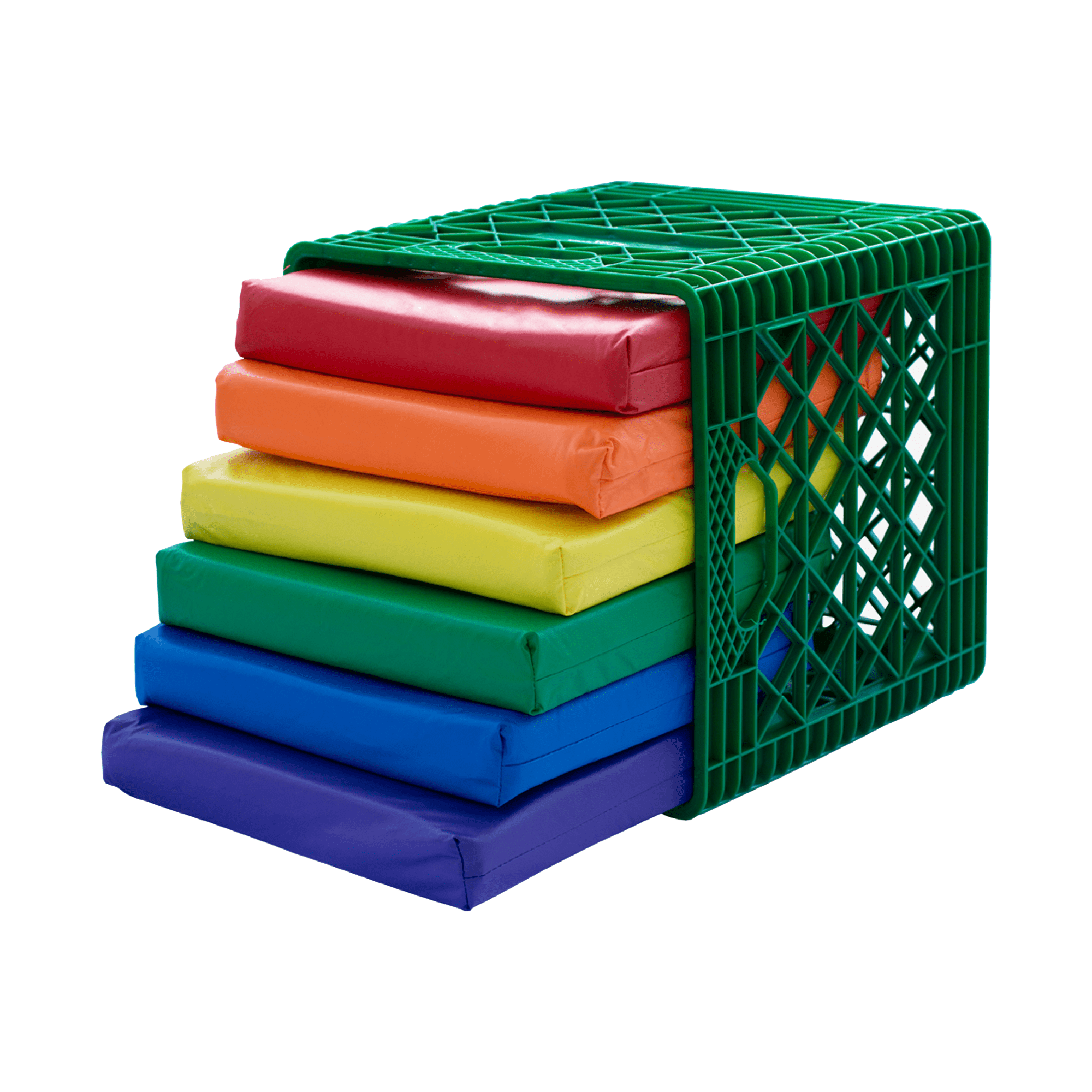 KinderMat, Kindercrate, Green, 6 Pack of 13.5" Kindercushions & Sturdy Storage Container, 2" Thick Squares Story Time Cushions, Alternative Seating, Yellow Blue Green Red Purple Orange
