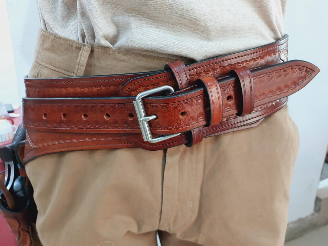 Western Leather Holster with Belt Handmade – Full Grain Tooled Leather Fast Draw Style, Adjustable Gun Belt Holster for Costume & Cowboy Wear