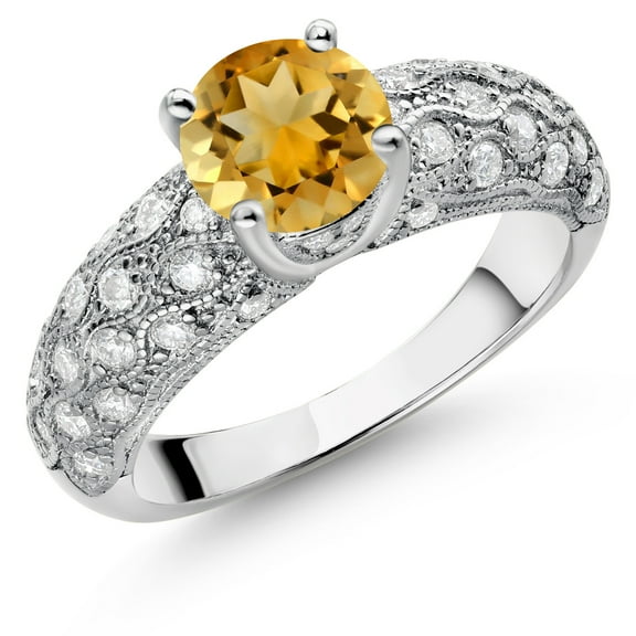 Gem Stone King 925 Sterling Silver Yellow Citrine and White Moissanite Engagement Ring for Women (1.64 Cttw, Round 7MM, Gemstone November Birthstone, Size 5)