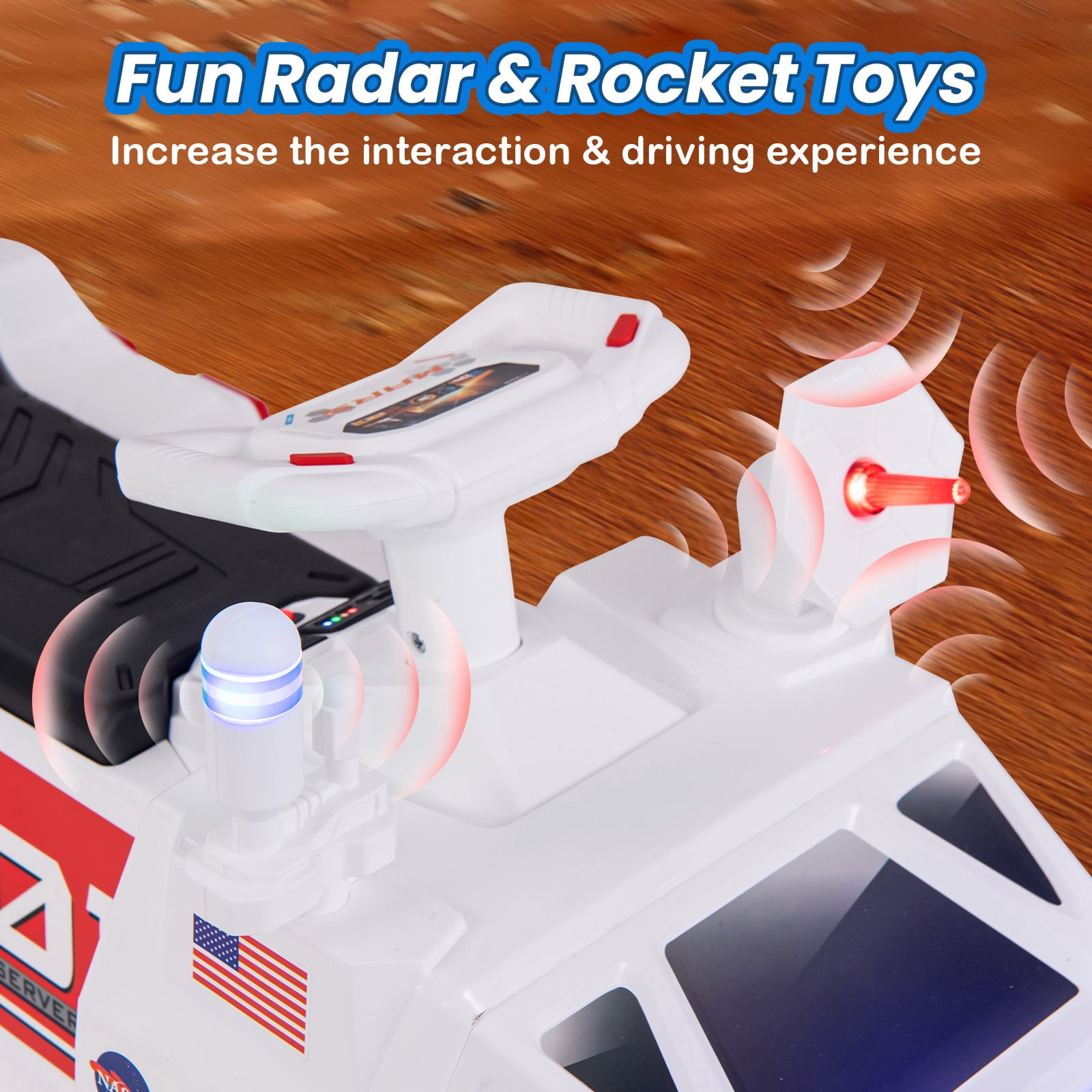 OLAKIDS Ride on Car, 6V Electric Toy for Kids with Radar, Rocket, MP3, USB, Horn, Power Display, Headlight, 4-Wheeler Battery Powered Quad Gift for Toddlers Boys Girls Age 3+