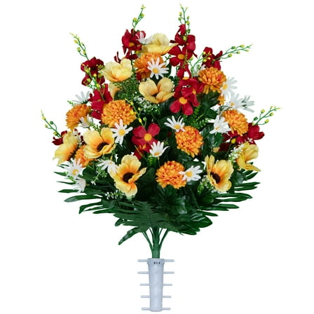 Sympathy Silks Cemetery Flowers Artificial Yellow Anemone and Orange Mum Garden Mix
