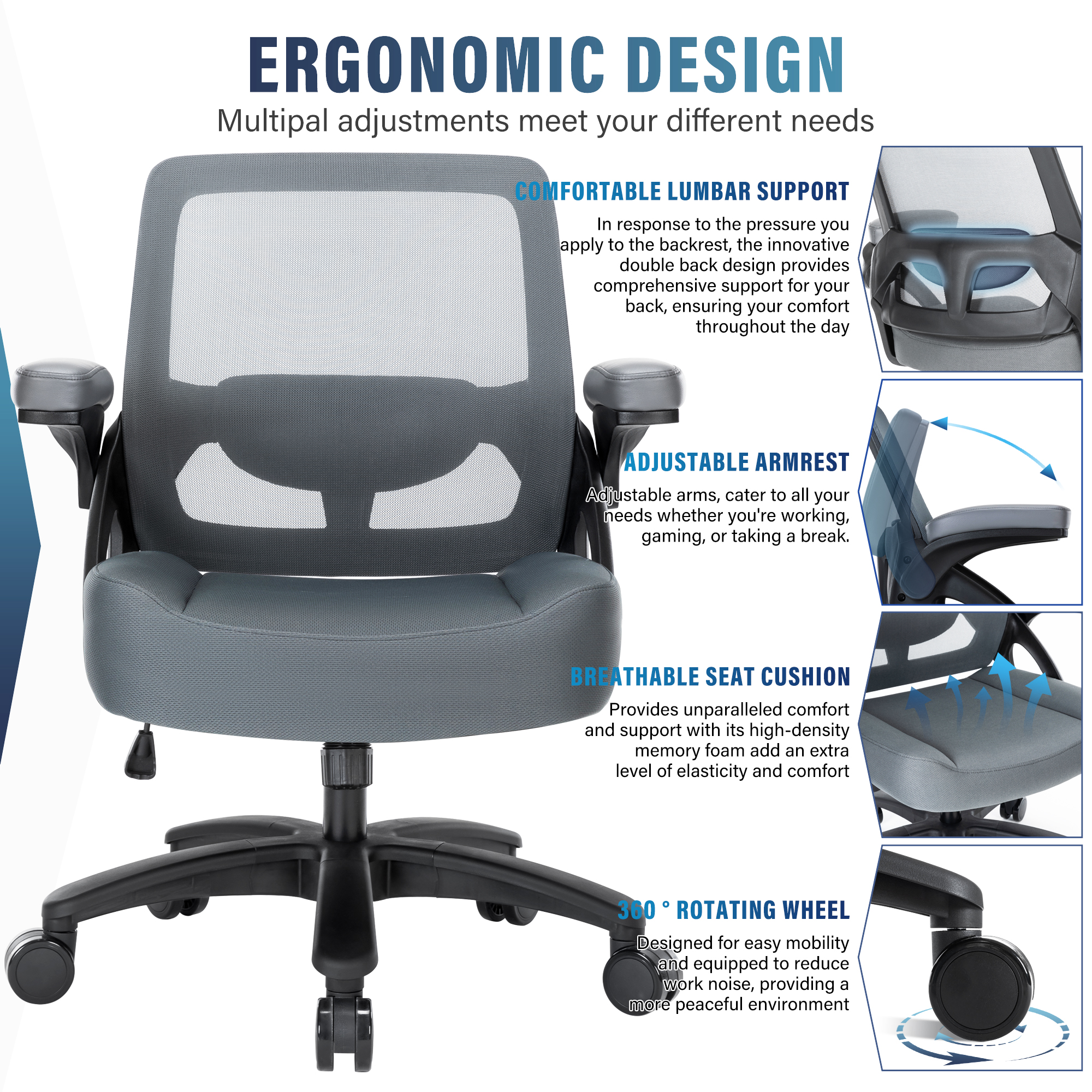 Hramk Dark Gray Big and Tall Office Chair, 400 lb Mesh Desk Chair with Flip Arms, Wide Seat Office Chair for Heavy People, 360 Swivel Computer Task Chair for Adults - image 2 of 7