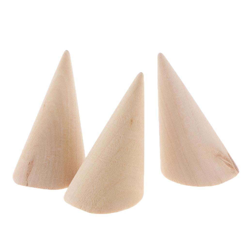 3x Unpainted Solid Wood Cone Ring Finger Jewelry Display Stand Holder Organizer 