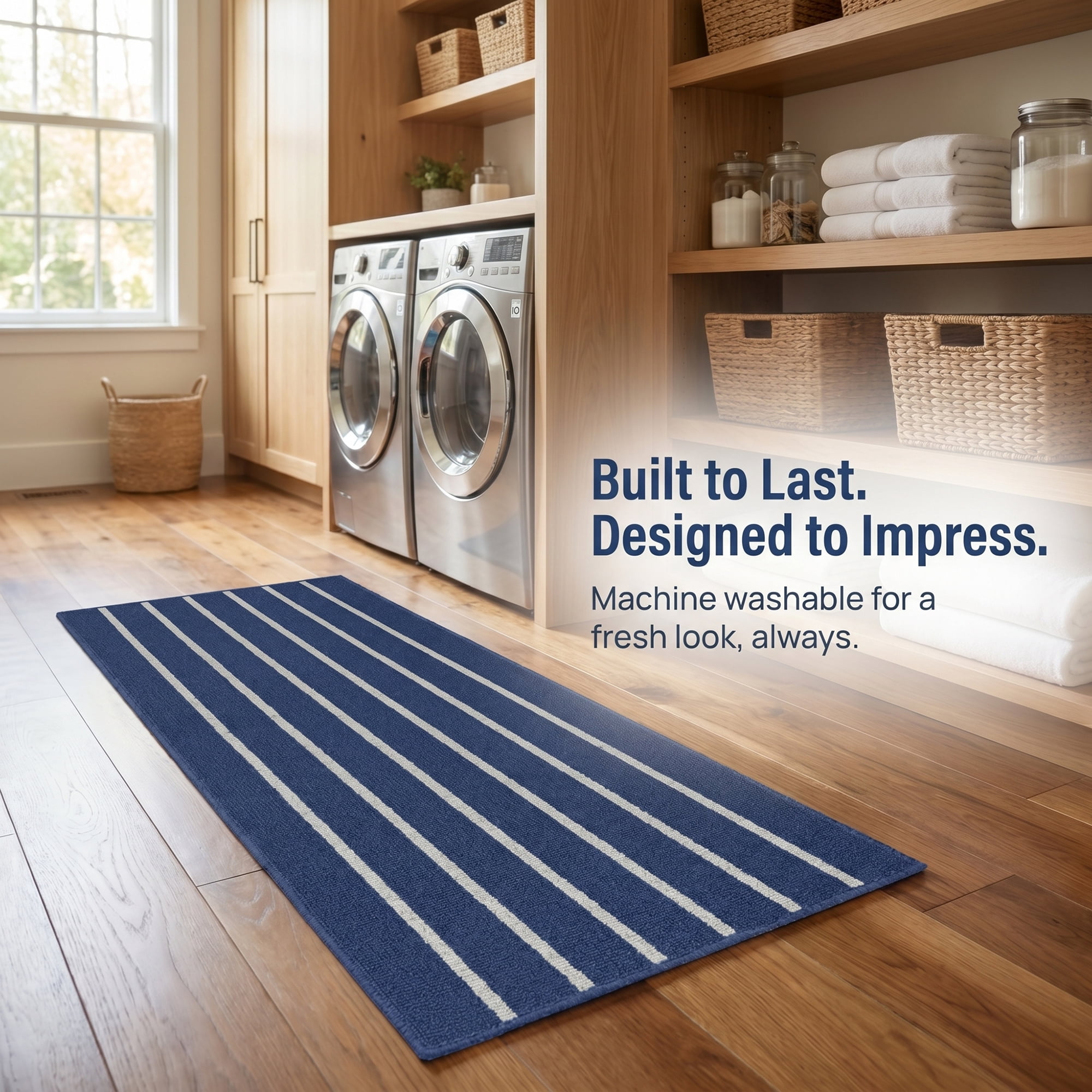 Unique Bargains Polypropylene Striped Non Slip Kitchen Runner Rug Blue 47" x 20"
