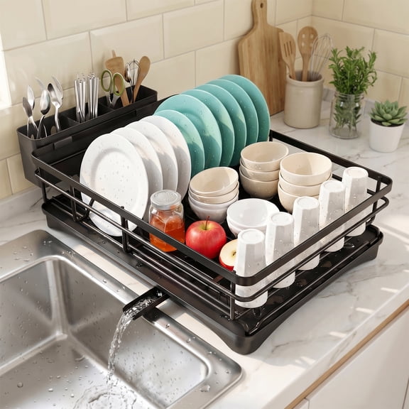 Armorget Dish Drying Rack, Kitchen Counter Dish Racks with Utersil Holder, with Adjustable Water Outlet, Dish Drainers (18.7L×12.01W×7.09H)in Black