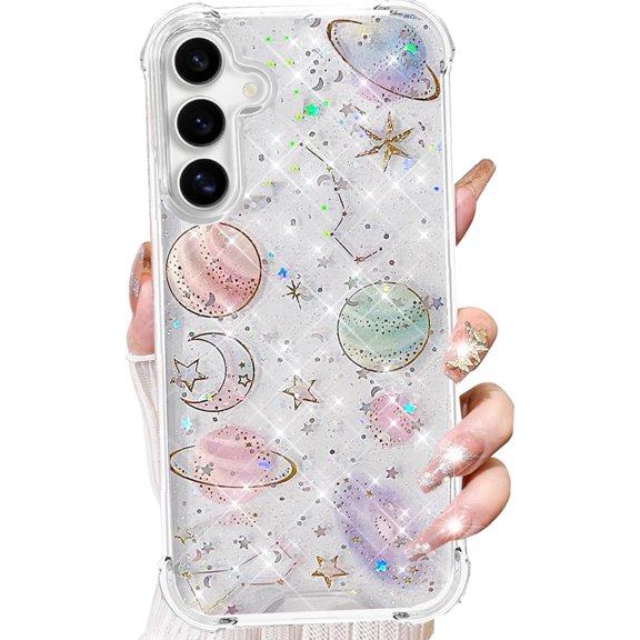 for Samsung Galaxy S25 Plus Clear Glitter Case, Cute Bling Sparkle Planet Space Stars Moon Universe Pattern Soft TPU Silicone Shockproof Women Girls Protective Case for Galaxy S25 Plus, Clear