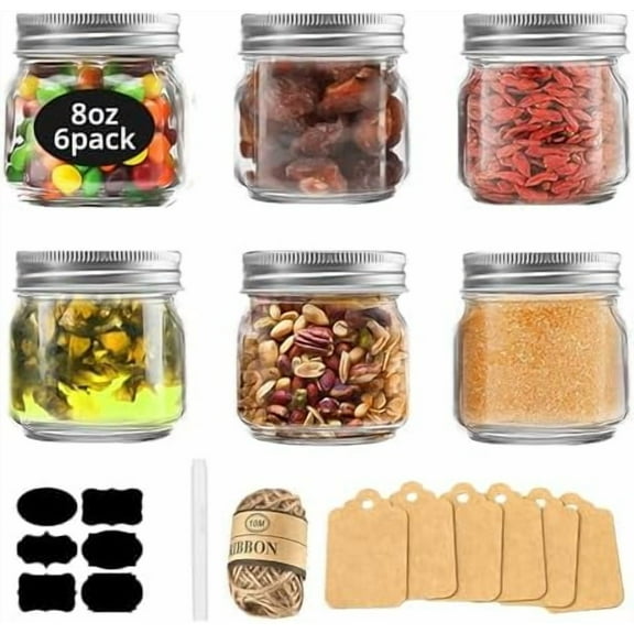 Mason Jars 8 oz with Silver Lids 6 Pack– Small 8 oz Glass Jars with Lids, Wide Mouth Half Pint Canning for Food Storage, Jam, Honey, Spice, Candle, Overnight Oats & DIY Projects
