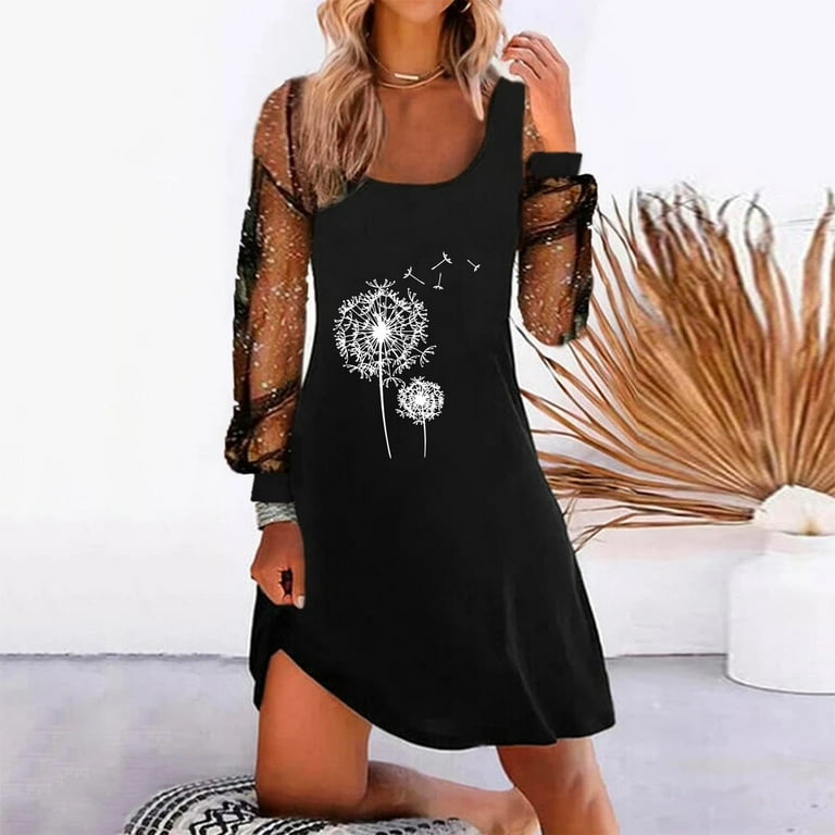 EHQJNJ Lace Dress Ladies New Spring and Summer Mesh Printed Long-Sleeved  Casual Dress White Midi Dress Work Dress