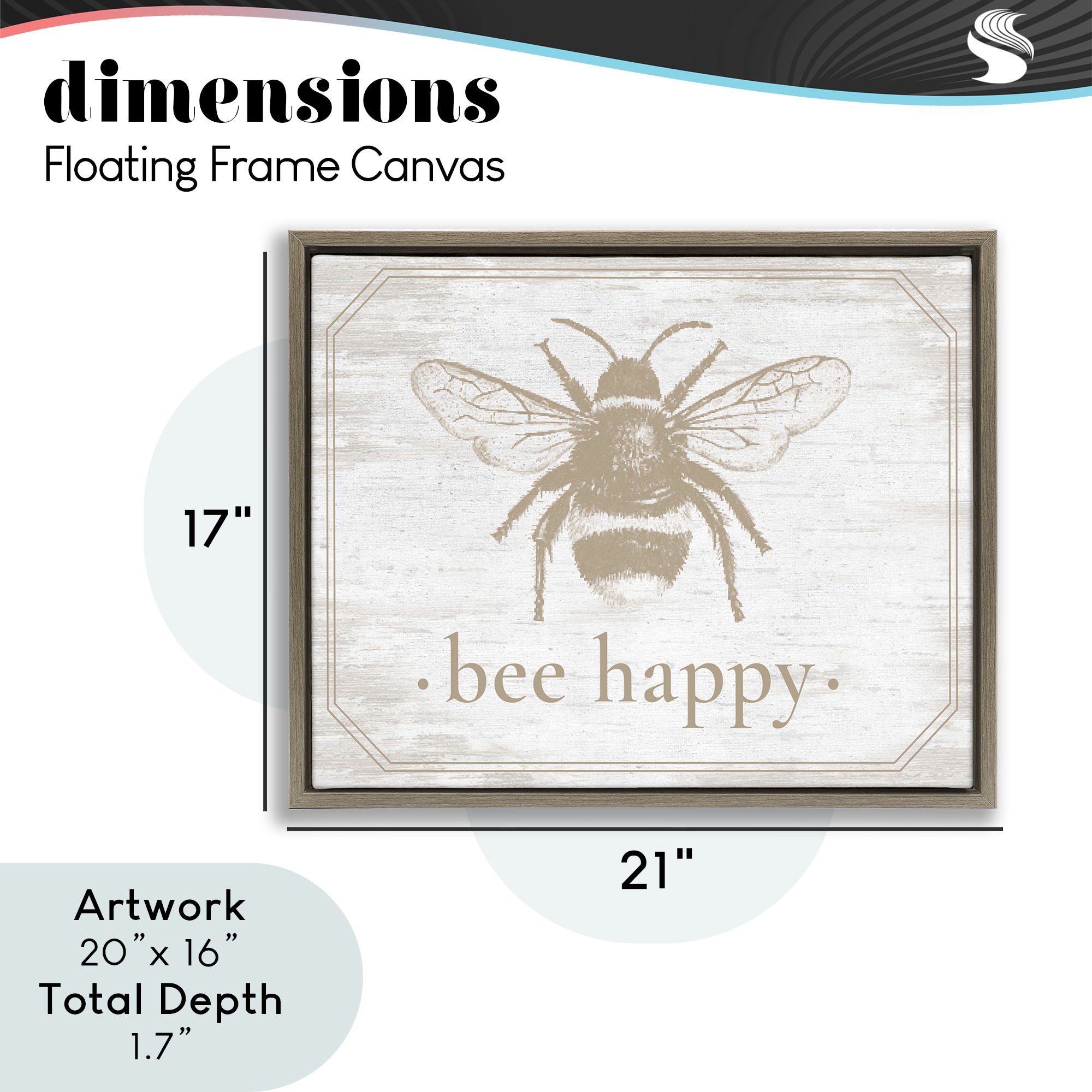 Bee Happy with Rustic Border Brown Framed Floater Canvas Wall Art, design by Lettered and Lined