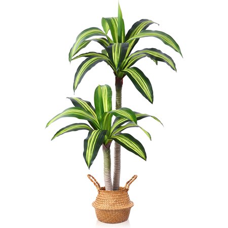 Artificial Plants  4 Ft Dracaena Tree Faux Plants Indoor Outdoor Decor Fake Tree with Woven Seagrass Basket Plants for Home Decor Office Living Room Porch Patio Perfect Housewarming Gift