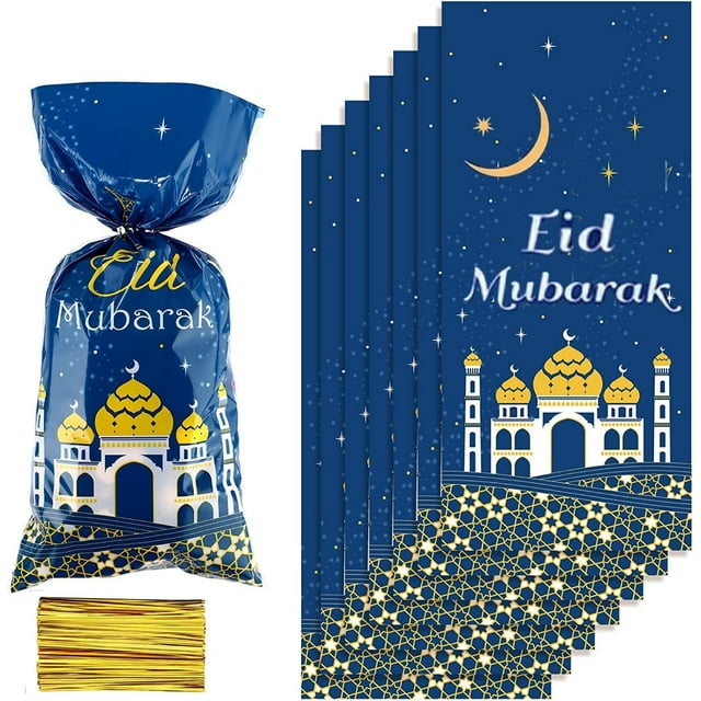 100 Piezas Eid Mubarak Fiesta Hospitalidad Ramadán Bolsa Mezquita Bolsa de Regalo Impreso en Azul Oro Transparente Celofán Bolsa de Caramelo Plata Eid Mubarak ER