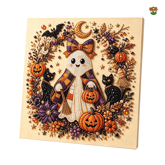 Halloween Ghost Pearl Art DIY Kit, Retro Fall Ghost Bead Diamond Painting,Halloween Decor & Summerween Decor,Home Decor, Framed Canvas Cottagecore Halloween Mantel Wall Decor-A