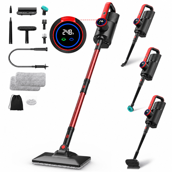 ORFELD Digital Steam Mop & Detachable Handheld Steam Cleaner for Home and Floor Cleaning, 15s Heat-Up, 248°F Floor Steamer for Deep Cleaning with Multi-purpose Attachments, Red