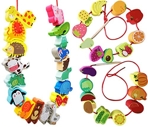 100pc Preschool Activities Lacing Beads Wooden Animal plant Vegetable Fruit Vehicles Letters and Numbers Crafts Toys Montessori Toys for Toddlers Over 3 Year Old Boys Girls Gifts With Storage Box