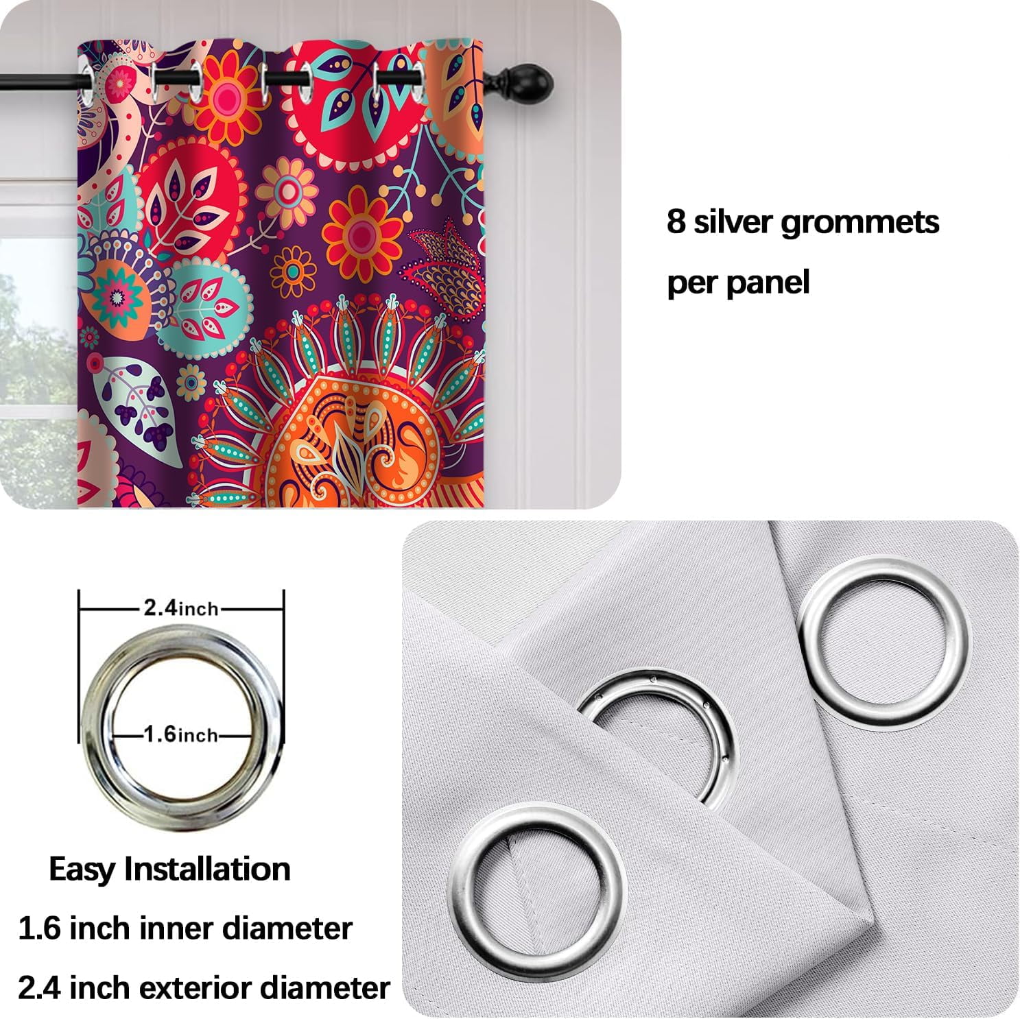 Boho Floral Blackout Window Curtains, Colorful Mandala Flower Aesthetic Art Living Room Bedroom Decor Insulated Thermal Curtain Darkening Grommet Window DrapesTreatments, 2 Panels 52x84 Inch