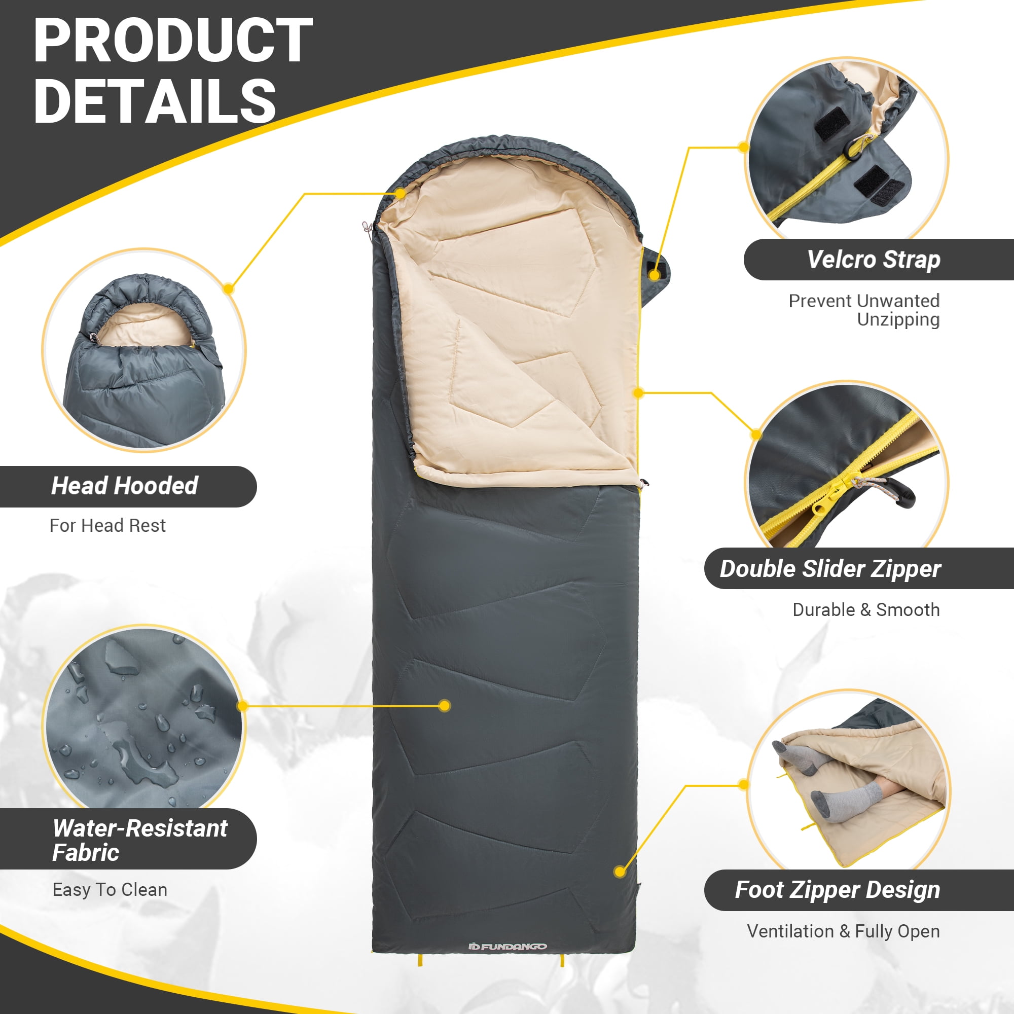 FUNDANGO Camping Sleeping Bag for Adults Teens Grey Waterproof Sleeping Bag with Compression Sack 87"*30" Compact Sleeping Bag for Hiking & Backpacking, 39.2°F-62.6°F, 2.5lbs, Grey