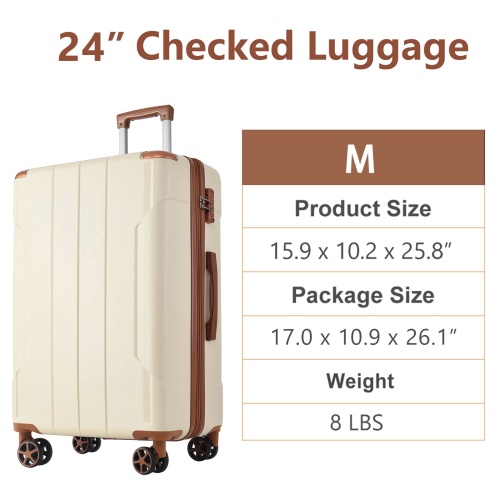 24 Inch Checked Luggage, Hardshell Suitcase Lightweight & Expandable, Durable ABS with 4 Double Spinner Wheels for Men and Women (White Brown)