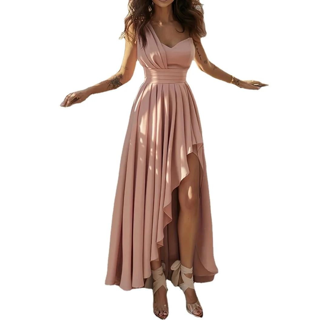 Robe Mi-longue Côtelée Gris Pierre Asymétrique Fendue À Manches Évasées