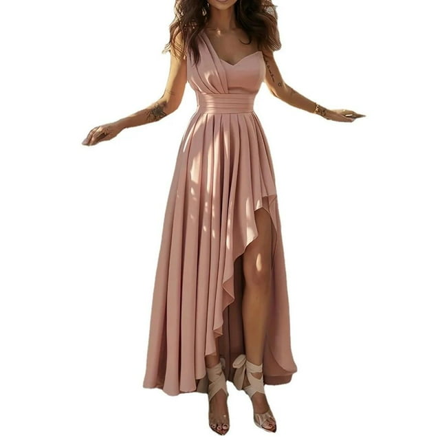Asymmetric Ruffle Hem Split Dress One Shoulder Sleeveless Ruched Party Dress Women Clothing