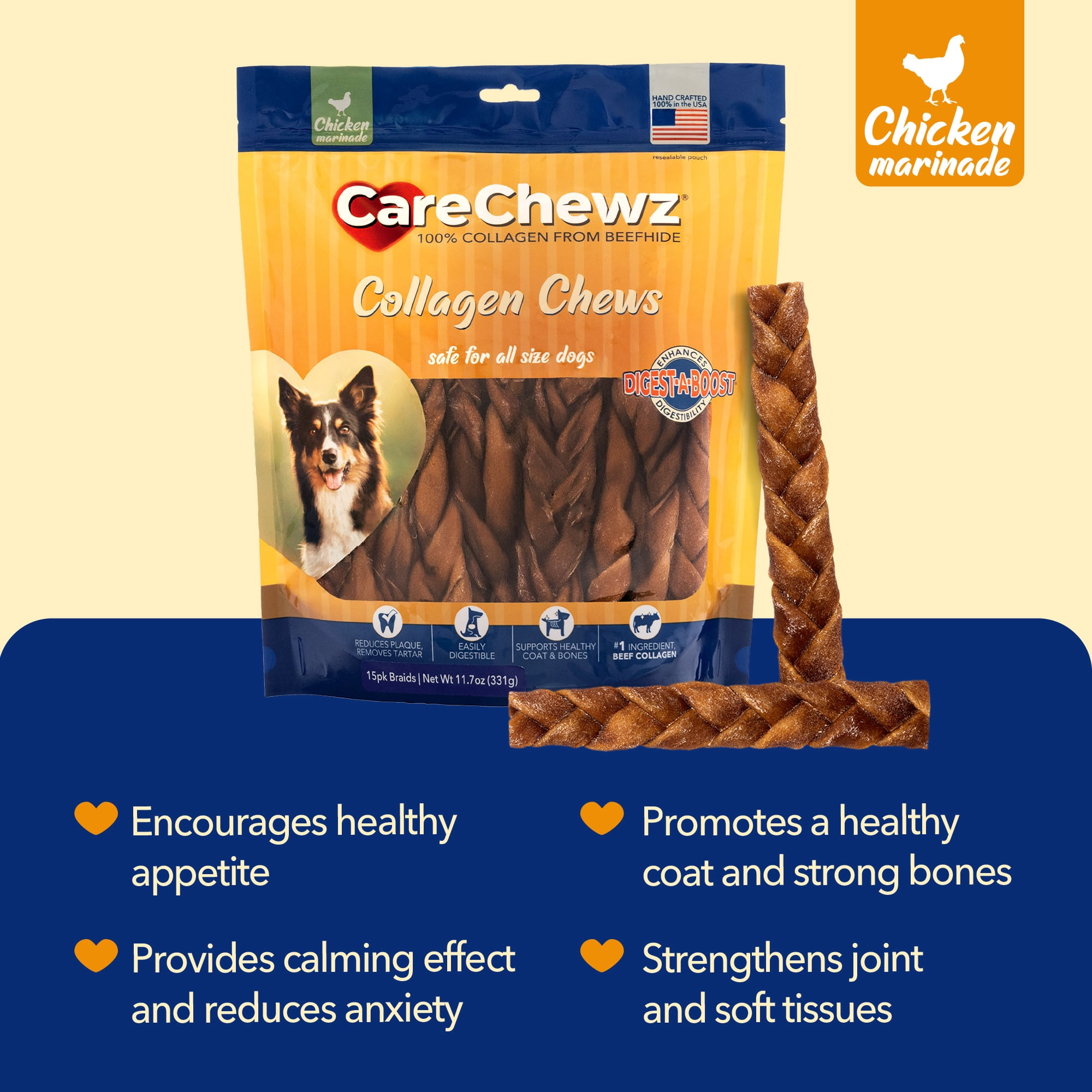 Pet Factory CareChewz Collagen 6-7" Skinny Braided Sticks Dog Chew Treats - Chicken Flavor, 15 Count/1 Pack