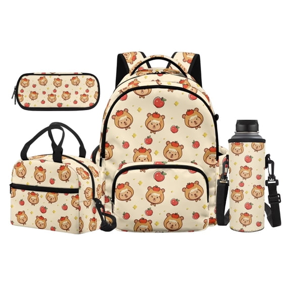 Jeiento Capybara 17 Inch Schoolbag for Boys Girls 4-Piece Set Lunch Bag Pencil Case Water Bottle Holder Lightweight Large Capacity Backpack for Kids Back to School