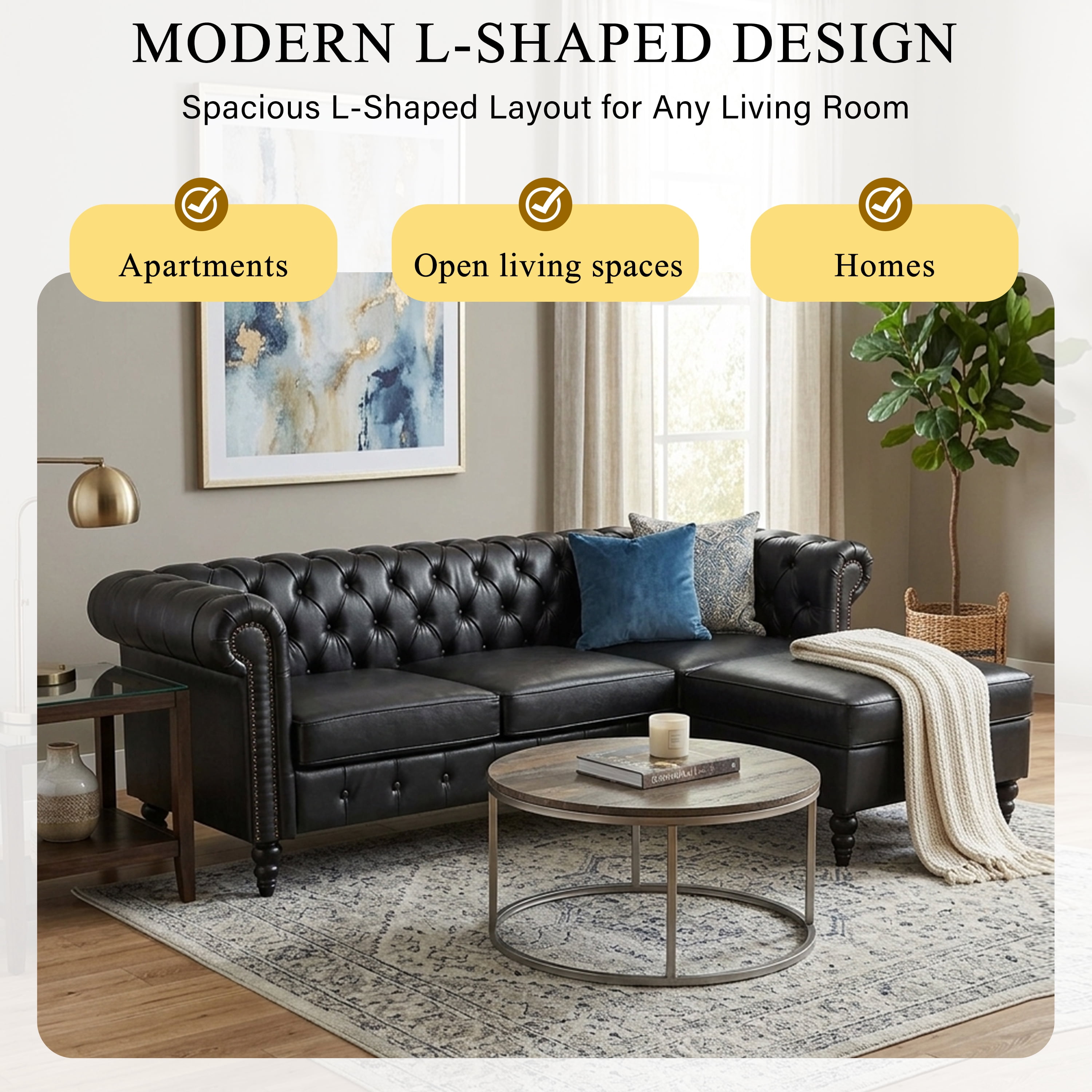 Howcool 85"W Chesterfield Sectional Sofa with Storage Ottoman,L-Shaped Faux Leather Sofa Couch,4-Seater Modular Sofa with Tufted Back & Nailhead Trim for Living Room,Black
