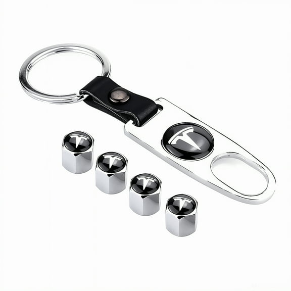 CoolKo Universal Car Wheel Tire Stem Air Cap Cover, Valves Anti-Theft Aluminum Alloy Guard with Wrench Keychain Compatible with Tesla Model X S 3 Y